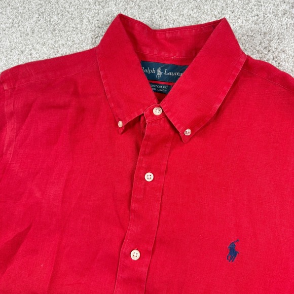 Polo Ralph Lauren Other - Ralph Lauren Button Down Shirt Mens L Red 100% Linen Custom Fit Short Sleeve